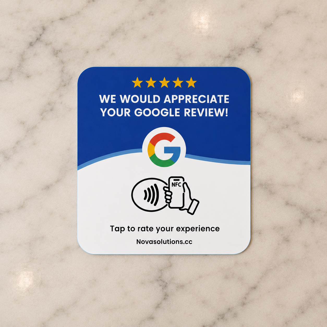 Nova Tap Plate NFC review plate on a marble surface