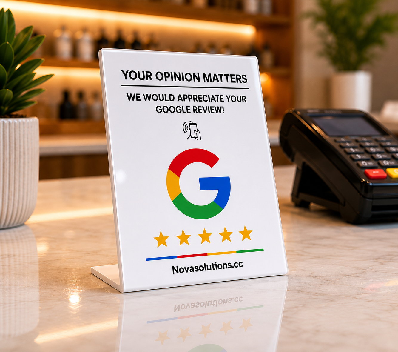 Acrylic Nova Display Stand NFC review stand on a marble countertop